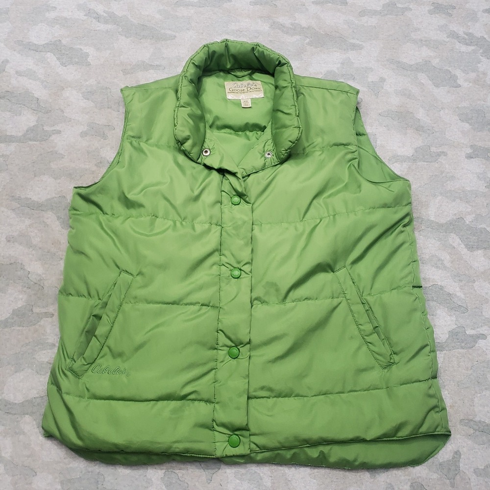 Cabela's Vest Mens Medium Green Goose Down Pockets Snap Up‎ Sleeveless